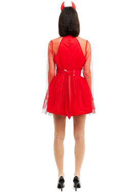 Fato de diabo moderno vermelho com bandana e cauda para mulher