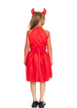 Fato de diabo moderno vermelho com bandana e cauda para menina