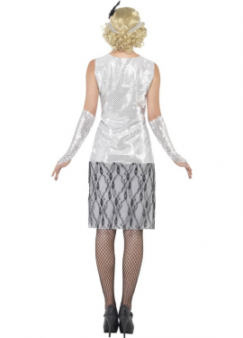 Fato de Flapper prateado para mulher dos anos 20