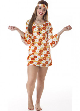 Traje hippie vestido laranja com flores para mulher
