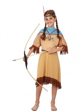 Fato de índia Apache em vestido com cocar para menina