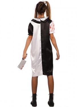 Fato de palhaço preto e branco com sangue falso para mulher