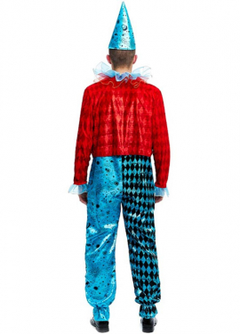 Fato de palhaço maníaco azul e vermelho para homem