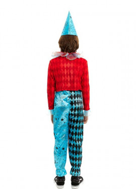 Fato de palhaço maníaco azul e vermelho para criança