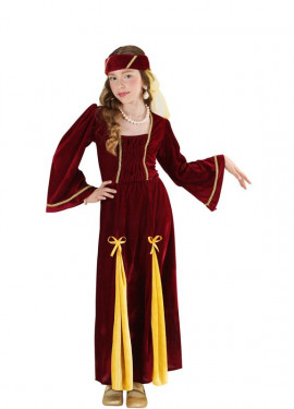 Elegante disfarce de princesa medieval bordô com cocar para menina