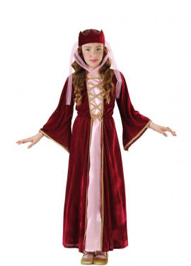 Fato de rainha medieval bordô e rosa com coroa para menina