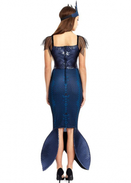 Fato de sereia azul malvada com coroa para mulher