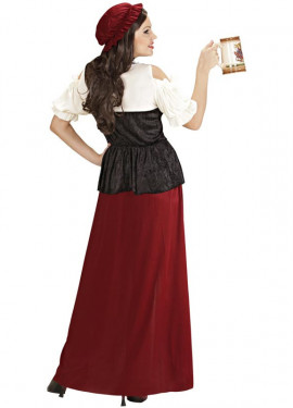 Fato de taberneiro medieval com colar e cocar para mulher