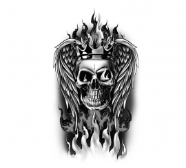 Tatuagem de caveira flamejante em preto e branco