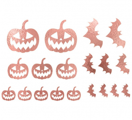 Tatuagens de abóbora e morcego em dourado e rosa