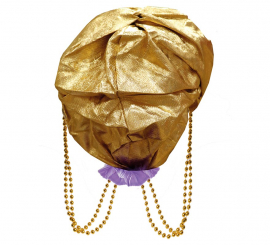 Turbante dourado com pena roxa para homens