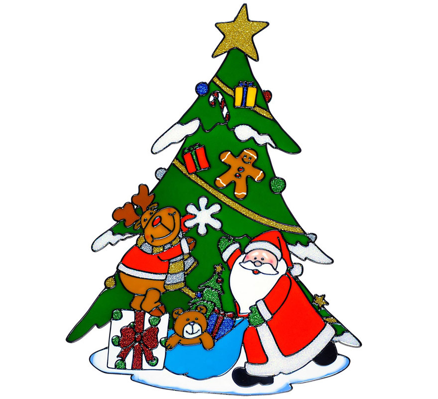 Autocolante para janela Árvore de Natal com Pai Natal e Renas 40 cm-B