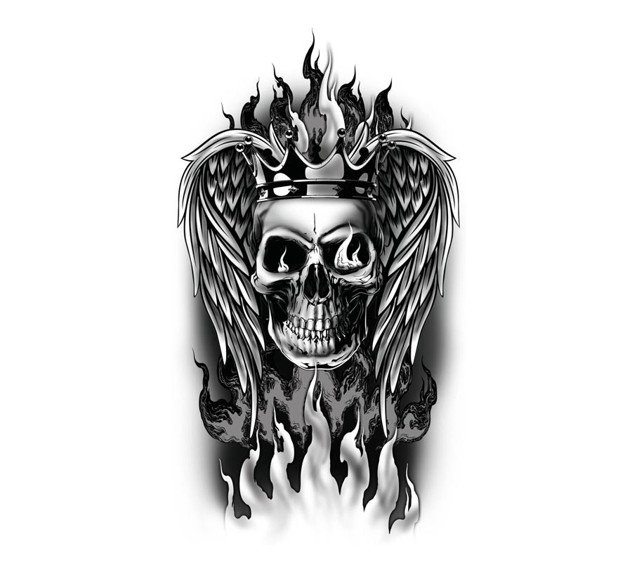 Black and white flaming skull tattoo-B
