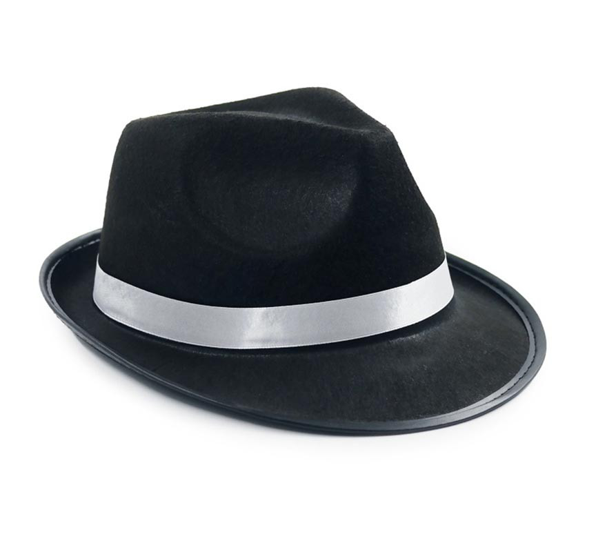 Black Gangster Hat with White Ribbon Black Gangster Hat with White Ribbon