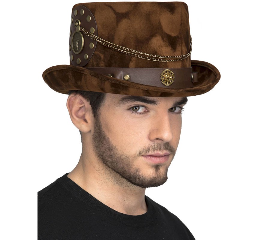 Chapéu Steampunk marrom com corrente