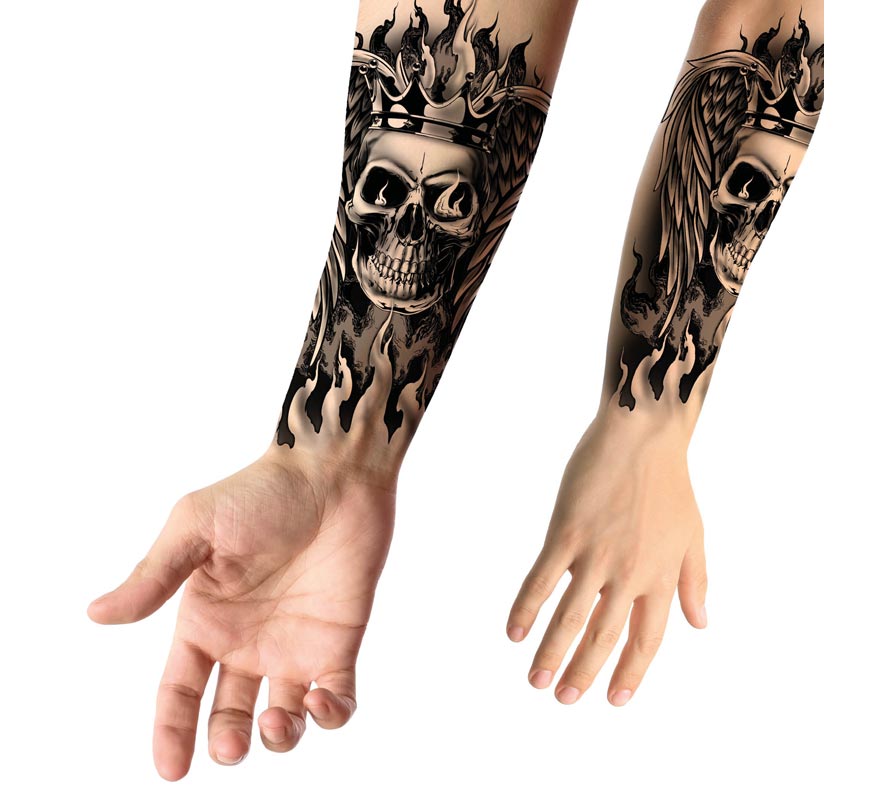 Black and white flaming skull tattoo