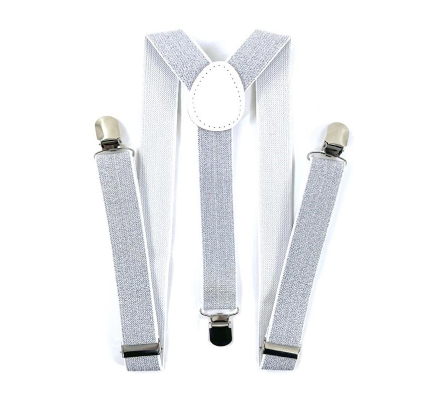 Suspensórios prateados com detalhes em preto e branco